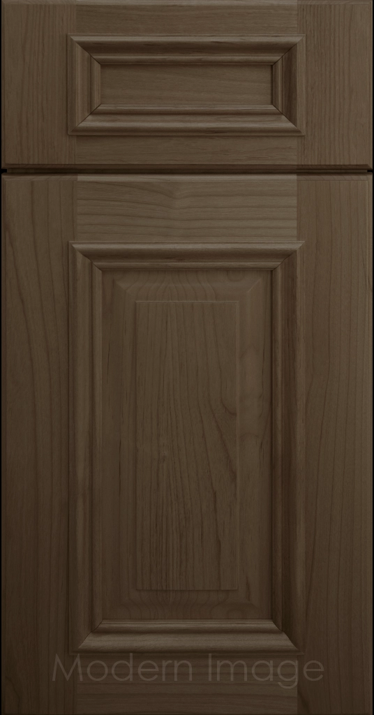 Beachwood stained Hamilton cabinet door with a double raised panel and mitered elevated molding.